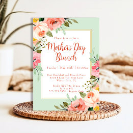 Blush Pink Peach Mint Floral Mother's Day Brunch Invitation