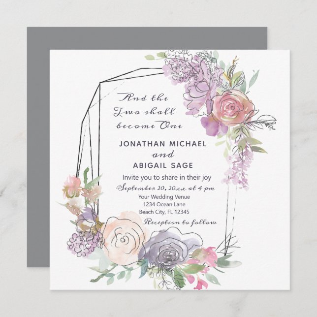 Blush Pink Peach Purple Floral Geometric Wedding Invitation (Front/Back)