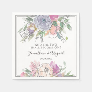 Blush Pink Peach Purple Floral Grey Frame Wedding Napkin