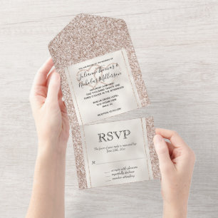 Blush Pink Peach Rose Glitter Hearts All In One Invitation