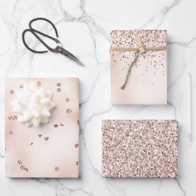 Blush Pink Peach Rose Gold Glitter Dots     Wrapping Paper Sheet (Front)