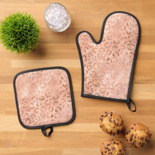 Blush Pink Peach Rose Gold Leopard Oven Mitt & Pot Holder Set
