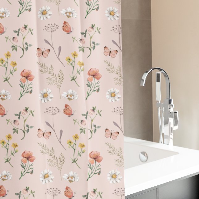 Blush Pink Peach Wildflower Shower Curtain (Creator Uploaded)