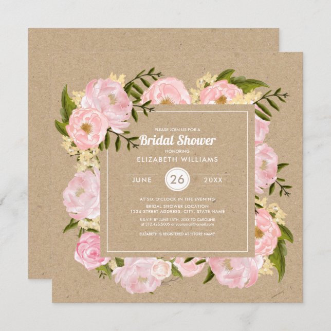 Blush Pink Peonie Kraft Paper Rustic Bridal Shower Invitation (Front/Back)
