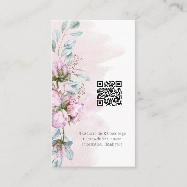 Blush Pink Peonies and Greenery QR Info Code Business Card (Front)