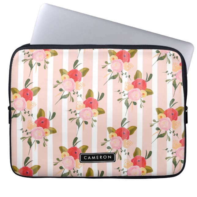 Blush Pink Peonies and Stripes Personalised Laptop Sleeve (Front)