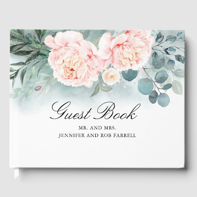 Blush Pink Peonies Floral Wedding Guest Book (Front)