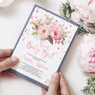 Blush Pink Peonies Flowers Sweet Baby Girl Shower Invitation