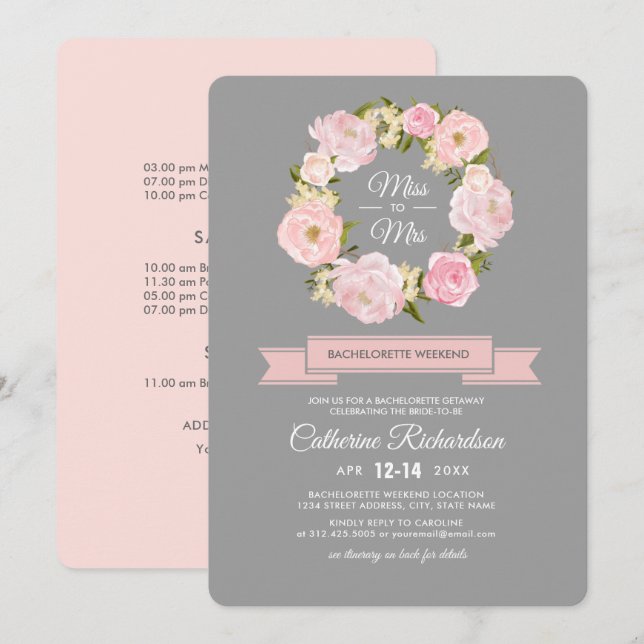Blush Pink Peonies Grey Bachelorette Weekend Invitation (Front/Back)