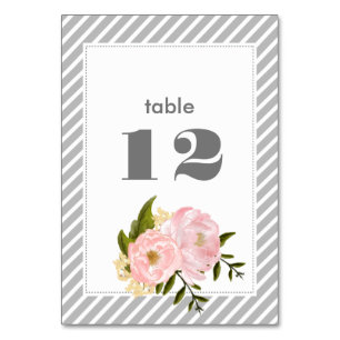 Blush Pink Peonies   Grey Stripe Pattern Wedding  Table Number