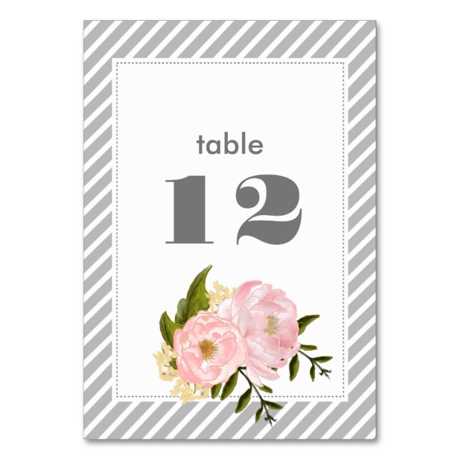Blush Pink Peonies | Grey Stripe Pattern Wedding  Table Number (Front)