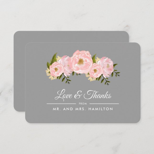 Blush Pink Peonies Grey Wedding Thank You Card (Front/Back)