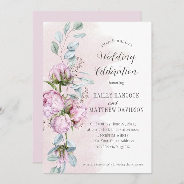 Blush Pink Peonies, Pink Wash, Greenery Wedding Invitation (Front/Back)