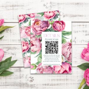 Blush Pink Peonies QR CODE Wedding Details Enclosure Card