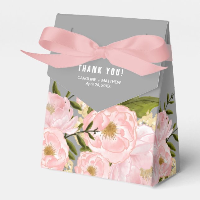 Blush Pink Peonies Watercolor Grey Wedding Favour Box (Front Side)
