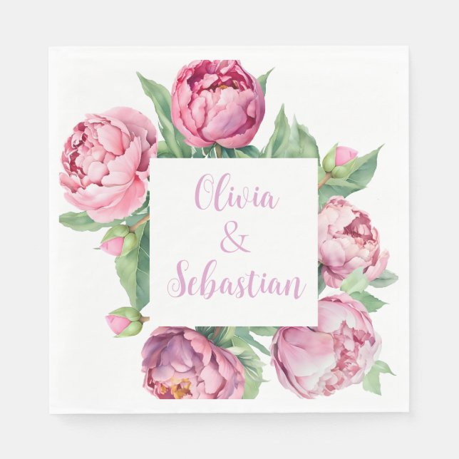 Blush Pink Peonies Watercolor Wedding  Napkin (Front)