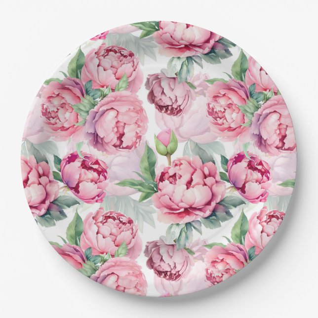 Blush Pink Peonies Watercolor Wedding  Paper Plate (Front)