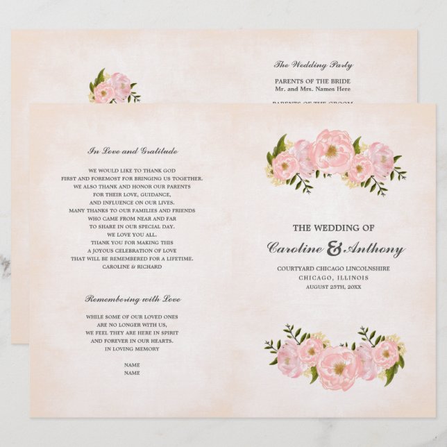 Blush Pink Peonies Watercolor Wedding Programs (Front/Back)