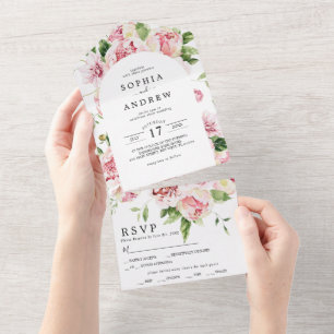 Blush Pink Peonies Wedding All In One Invitation