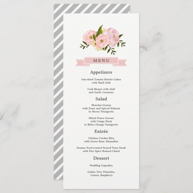 Blush Pink Peonies Wedding Menu Cards (Front/Back)