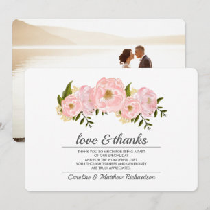 Blush Pink Peonies Wedding Thank You Photo Card