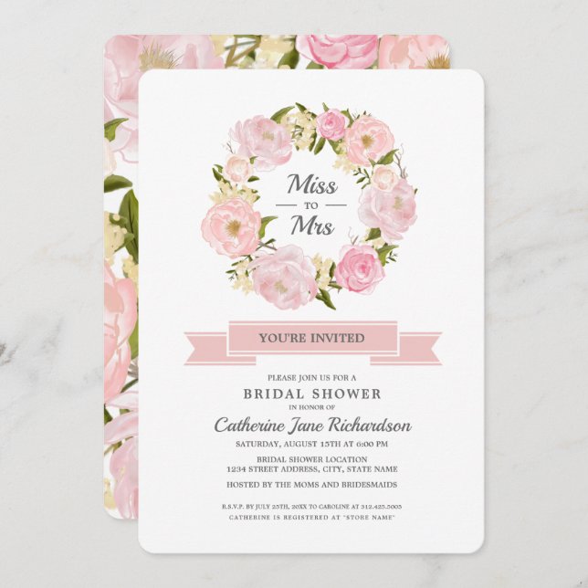 Blush Pink Peonies Wreath Bridal Shower  Invitation (Front/Back)