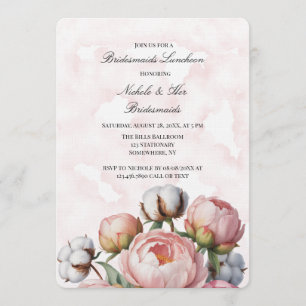 Blush Pink Peony and Cotton Bridesmaids Luncheon Invitation