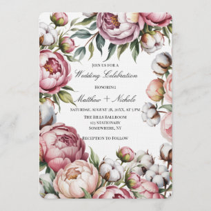 Blush Pink Peony and Cotton Wedding Celebration Invitation