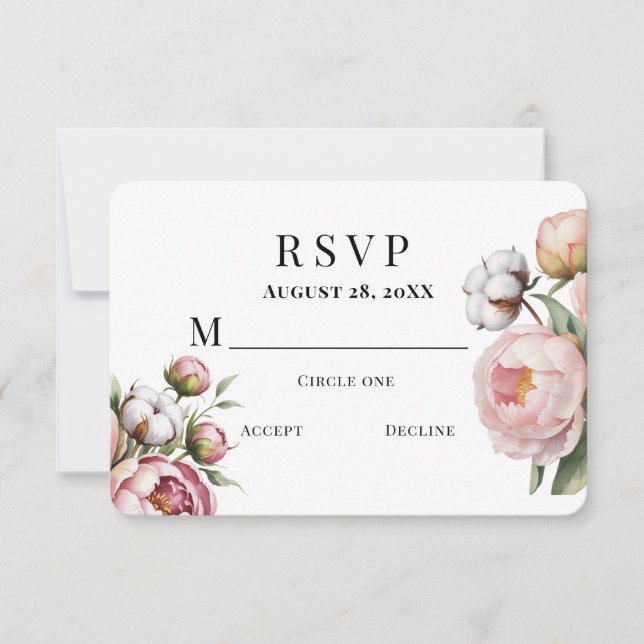 Blush Pink Peony and Cotton Wedding RSVP Card (Front)