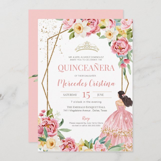 Blush Pink Peony and Lily Quinceanera Birthday Invitation (Front/Back)