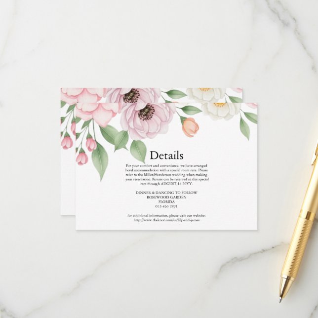 Blush Pink Peony Botanical Wedding Guest  Enclosure Card (Front/Back In Situ)
