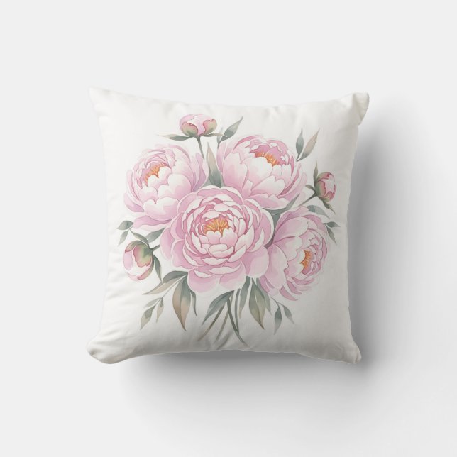 Blush Pink Peony Bouquet Watercolor Floral Cushion (Front)