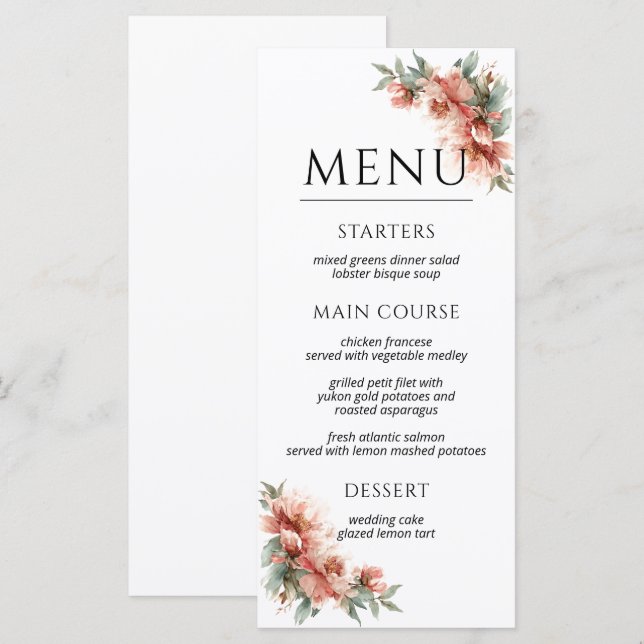 Blush Pink Peony Coral Elegant Dinner Wedding  Menu (Front/Back)