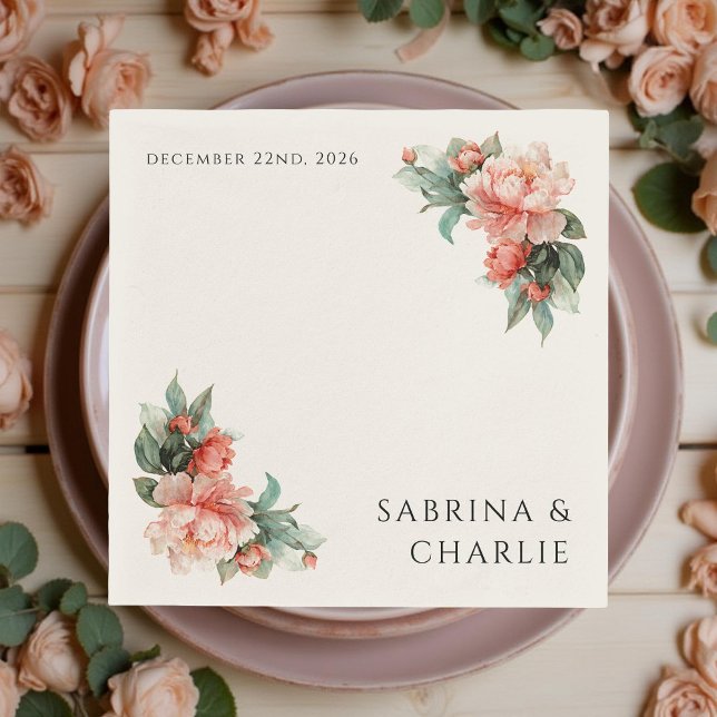 Blush Pink Peony Coral Elegant Floral Wedding Napkin (Creator Uploaded)