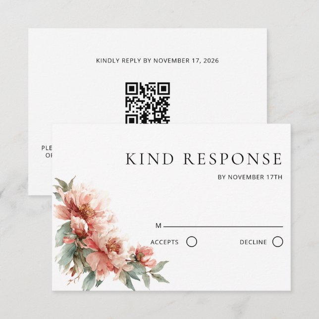 Blush Pink Peony Coral Red QR Code Wedding  RSVP Card (Front/Back)