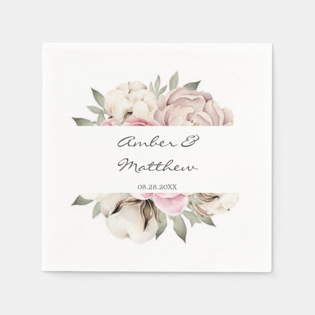 Blush Pink Peony Cotton Wedding Napkin (Front)