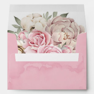 Blush Pink Peony Cream  White Cotton Wedding Envelope