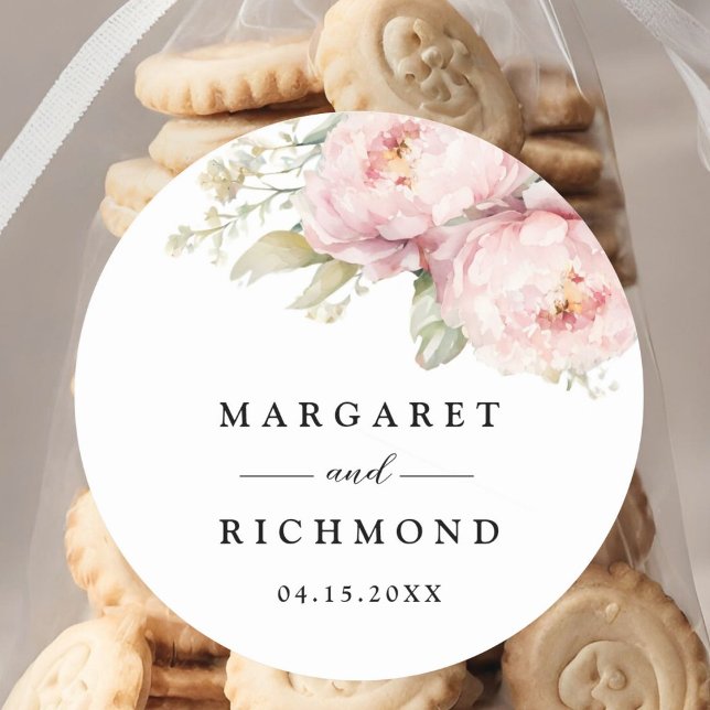 Blush Pink Peony Elegant Watercolor Wedding Classic Round Sticker (Creator Uploaded)