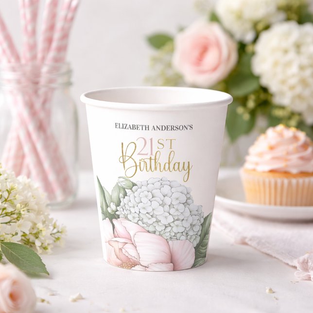 Blush Pink Peony Floral 21st Birthday  Paper Cups (Creator Uploaded)