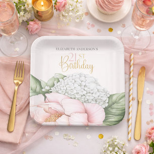 Blush Pink Peony Floral 21st Birthday  Paper Plate