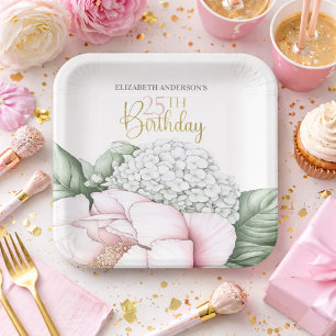Blush Pink Peony Floral 25th Birthday Paper Plate