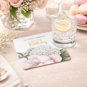Blush Pink Peony Floral 25th Birthday  Square Paper Coaster