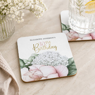 Blush Pink Peony Floral 30th Birthday  Square Paper Coaster
