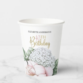 Blush Pink Peony Floral 40th Birthday  Paper Cups