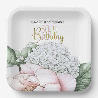Blush Pink Peony Floral 50th Birthday  Paper Plate