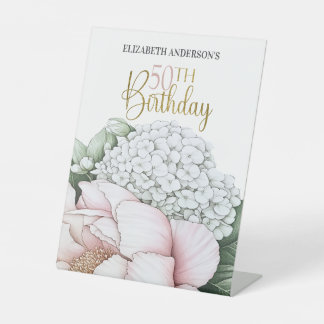 Blush Pink Peony Floral 50th Birthday  Pedestal Sign