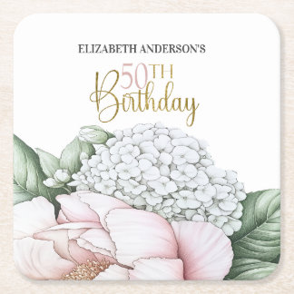 Blush Pink Peony Floral 50th Birthday  Square Paper Coaster