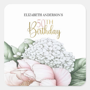 Blush Pink Peony Floral 50th Birthday  Square Sticker