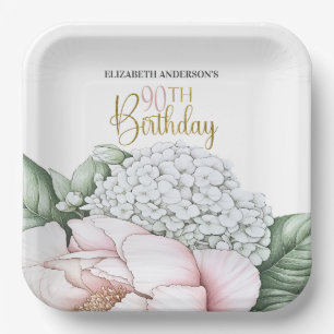 Blush Pink Peony Floral 90th Birthday  Paper Plate