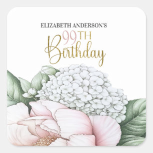Blush Pink Peony Floral 99th Birthday Square Sticker